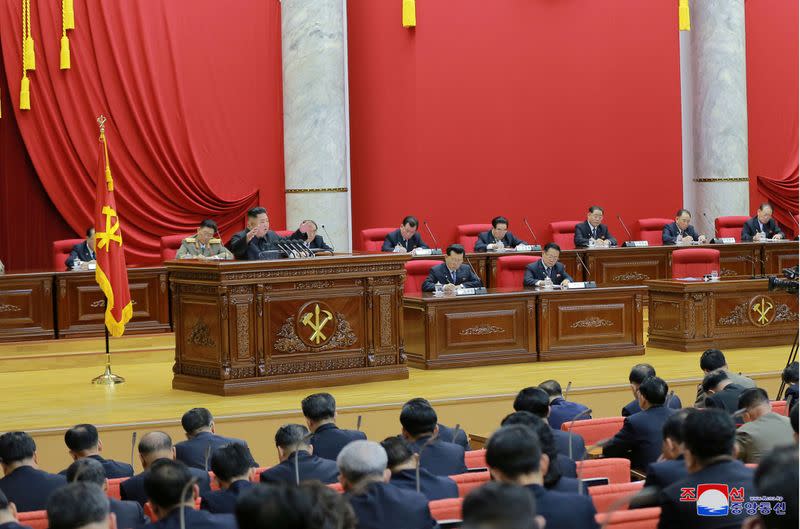 North Korean leader Kim Jong Un speaks during the 5th Plenary Meeting of the 7th Central Committee of the Workers' Party of Korea