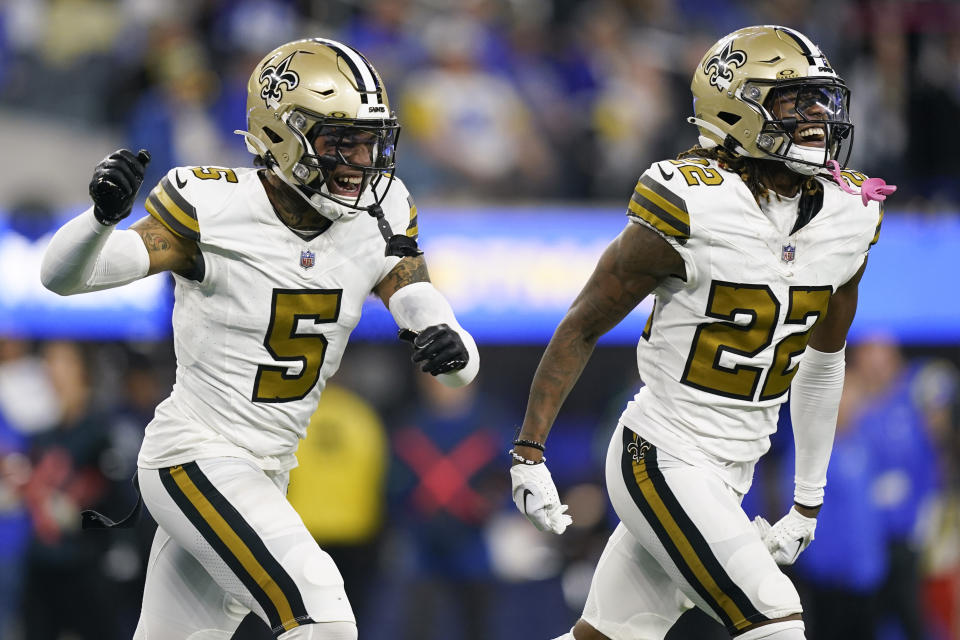 New Orleans Saints wide receiver Rashid Shaheed, right, celebrates his touchdown catch with wide receiver Lynn Bowden Jr. (5) during the first half of an NFL football game against the Los Angeles Rams, Thursday, Dec. 21, 2023, in Inglewood, Calif. (AP Photo/Ryan Sun)
