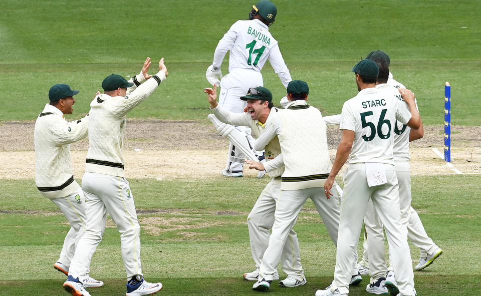 Travis Head, pictured here after running out Khaya Zondo in the second Test between Australia and South Africa.