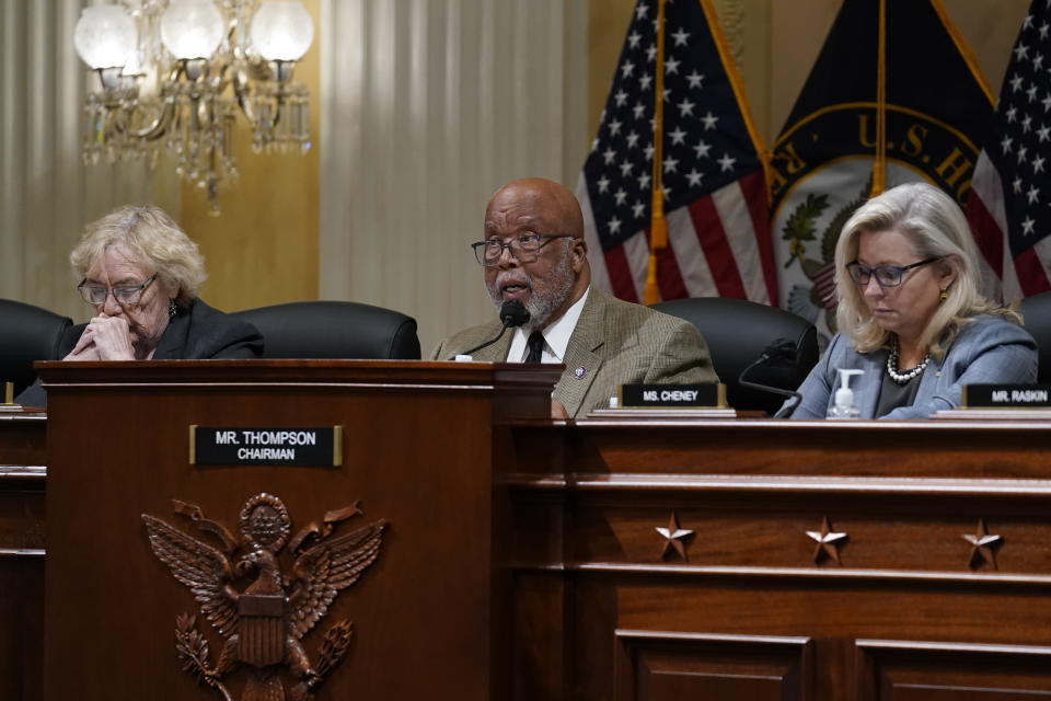 FILE - Chairman Bennie Thompson, D-Miss., center, flanked by Rep. Zoe Lofgren, D-Calif., left, and Vice Chair Liz Cheney, R-Wyo., makes a statement as the House committee investigating the Jan. 6 attack on the U.S. Capitol convenes in Washington, March 28, 2022. The House committee investigating the Jan. 6 insurrection at the Capitol will go public with its findings in a hearing next week, launching into what lawmakers hope will be one the most consequential oversight efforts in American history. (AP Photo/J. Scott Applewhite, File)