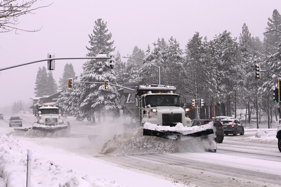 Donner Pass Road is plowed on Friday, March 1, 2024, in Truckee, Calif. The most powerful Pacific storm of the season is forecast to bring up to 10 feet of snow into the Sierra Nevada by the weekend. (AP Photo/Andy Barron)