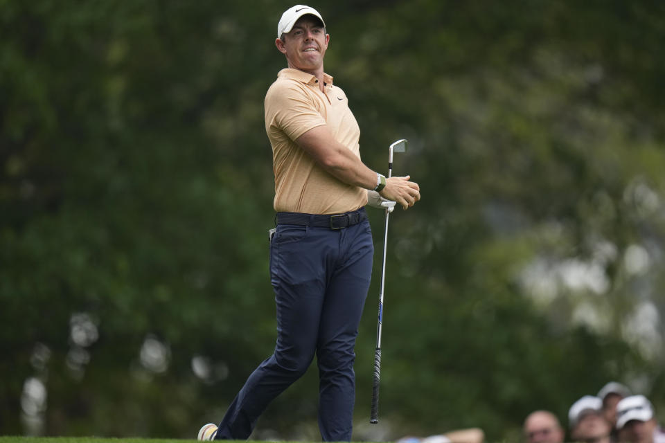 Rory McIlroy, of Northern Ireland, follows his shot from the 14th tee during a practice for the Masters golf tournament at Augusta National Golf Club, Tuesday, April 4, 2023, in Augusta, Ga. (AP Photo/Jae C. Hong)