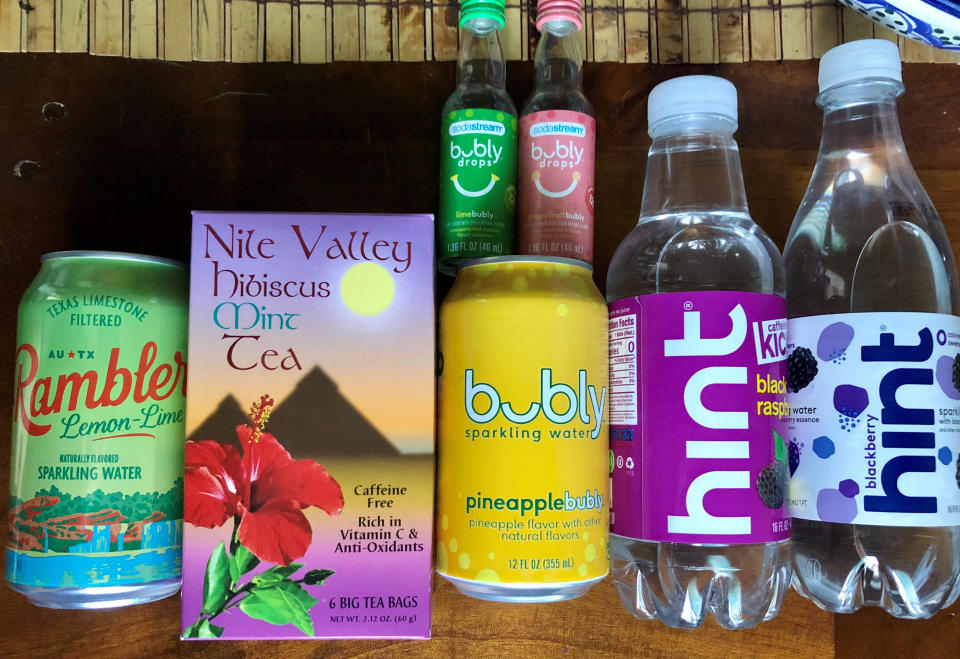 A few of my favorite unsweetened beverages and flavorings. The Hint Kick is caffeinated! (Heather Martin)