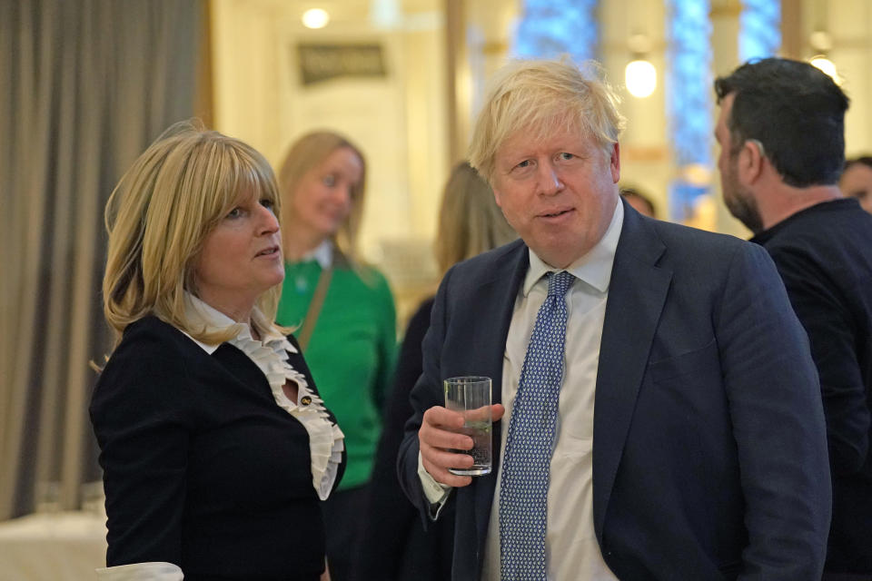 Former prime minister Boris Johnson and Rachel Johnson in Westminster, London, for the launch of a campaign to prevent release of Robert Brown. Picture date: Wednesday March 1, 2023. (Photo by Kirsty O'Connor/PA Images via Getty Images)