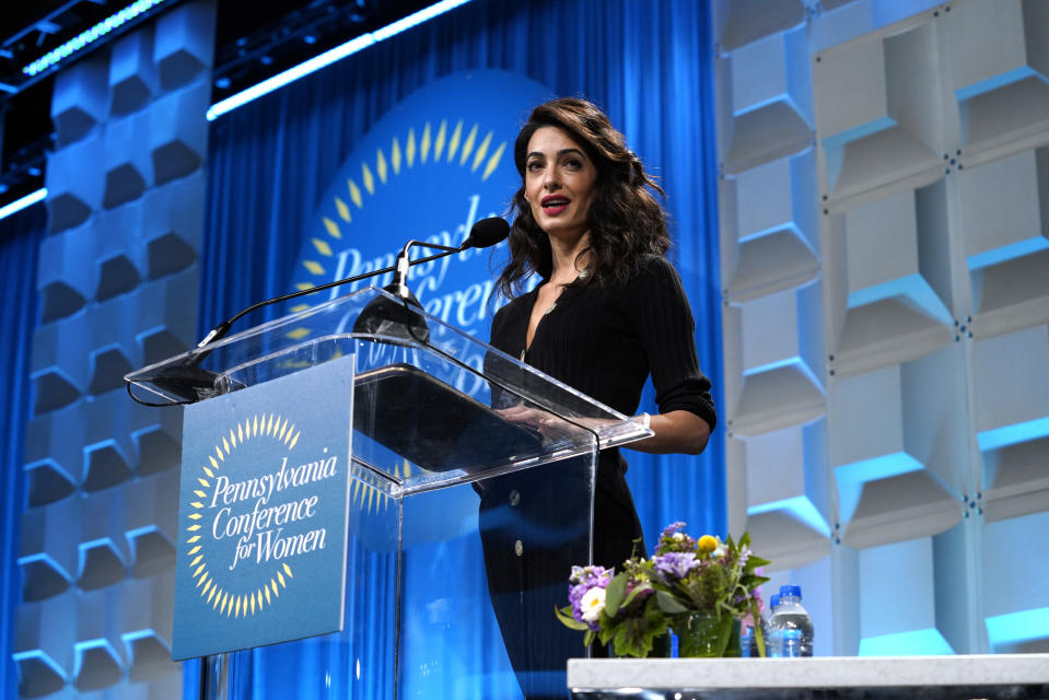 Amal speaks on stage during Pennsylvania Conference for Women 2018. Photo: Getty