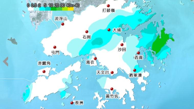 今早觀塘及中西區錄得超過15毫米雨量。(香港天文台)