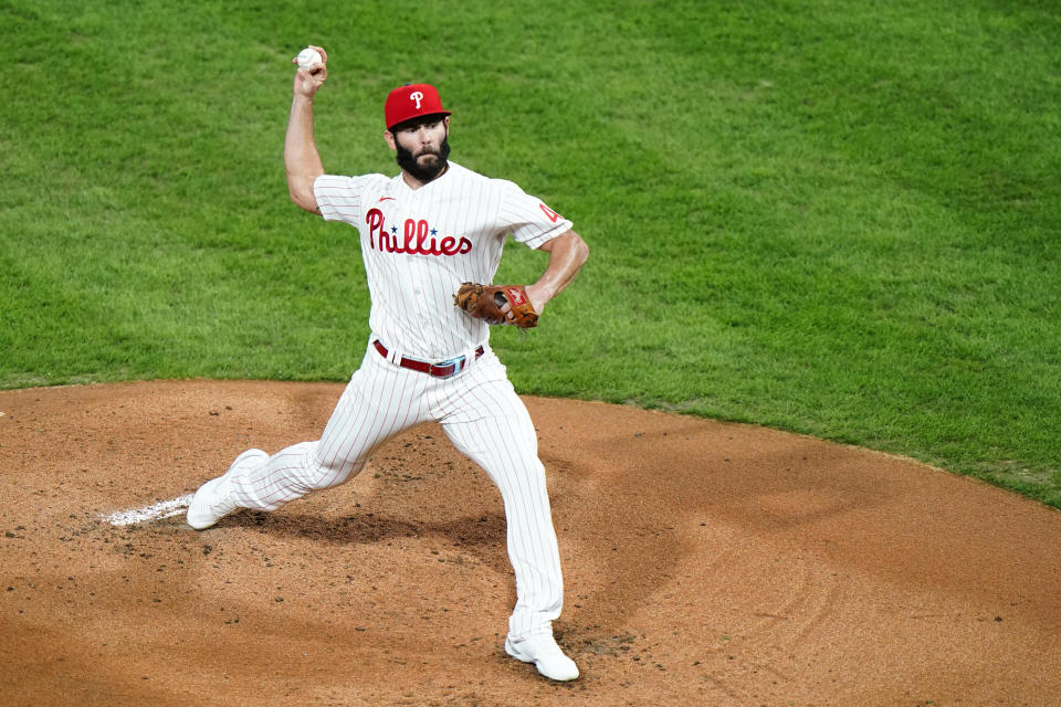Philadelphia Phillies' Jake Arrieta pitches during the second inning of a baseball game against the New York Mets, Tuesday, Sept. 15, 2020, in Philadelphia. (AP Photo/Matt Slocum)