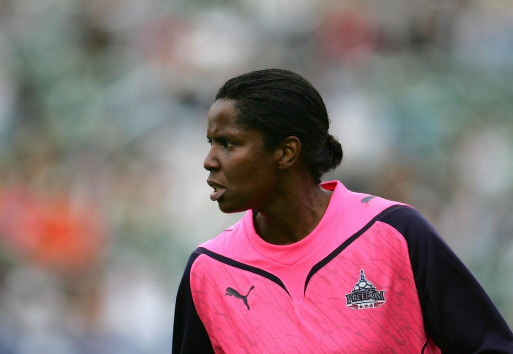 Goalkeeper Briana Scurry #1 of the Washington Freedom reacts after a near goal by the Los Angeles Sol in the second half during their inaugural WPS match at The Home Depot Center on March 29, 2009 in Carson, California. The Sol defeated the Freedom 2-0. (Photo by Victor Decolongon/Getty Images)