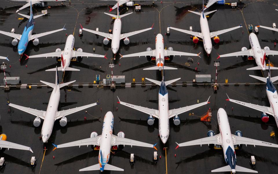 Boeing 737 Max airplanes sit parked at Boeing Field