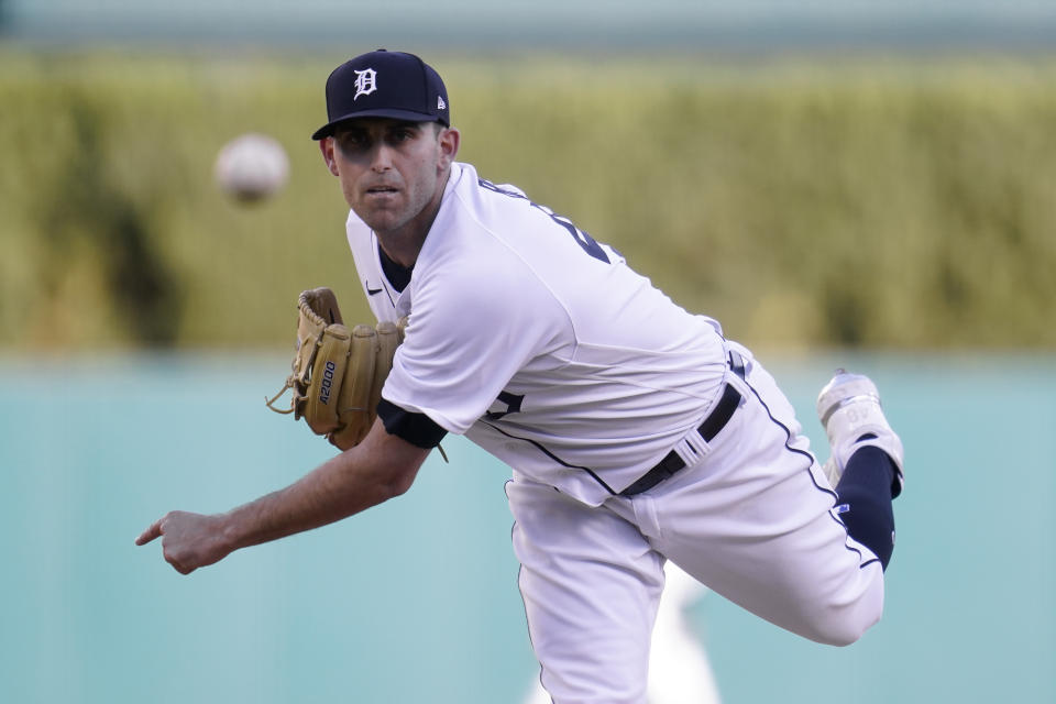 Detroit Tigers pitcher Matthew Boyd throws against the Kansas City Royals in the first inning of a baseball game in Detroit, Tuesday, May 11, 2021. (AP Photo/Paul Sancya)