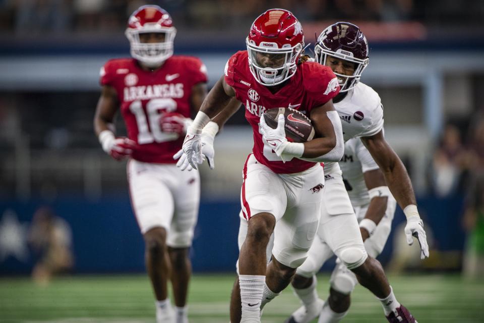 Sep 25, 2021; Arlington, Texas, USA; Arkansas Razorbacks running back AJ Green (0) in action during the game between the Arkansas Razorbacks and the Texas A&M Aggies at AT&T Stadium. Mandatory Credit: Jerome Miron-USA TODAY Sports