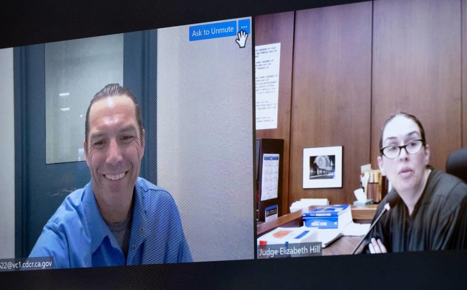 Scott Peterson unmutes his connection to address to Judge Elizabeth Hill during a status conference at San Mateo County Superior Court in Redwood City, Calif., Tuesday, March 12, 2024. The Modesto Bee/ Andy Alfaro/ Pool