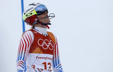 Alpine Skiing - Pyeongchang 2018 Winter Olympics - Women's Alpine Combined - Jeongseon Alpine Centre - Pyeongchang, South Korea - February 22, 2018 - Lindsey Vonn of the U.S. reacts in the Women's Slalom part of the Women's Alpine Combined. REUTERS/Mike Segar