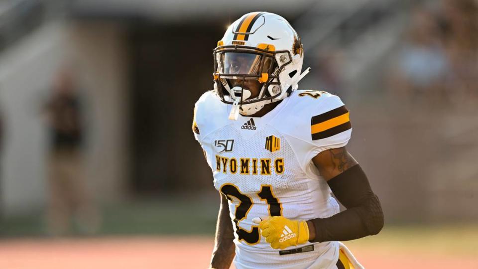 Wyoming’s C.J. Coldon runs during an NCAA football game against Texas State on Saturday, Sept. 7, 2019 in San Marcos, Texas. Wyoming won 23-14. (AP Photo/Darren Abate)