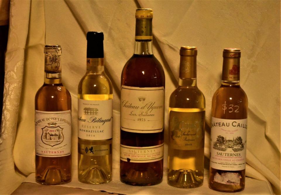 As Sauternes age, their color deepens and flavors become more luxurious. Pictured here are a 1976, 2003, 2001 and two 2016s.