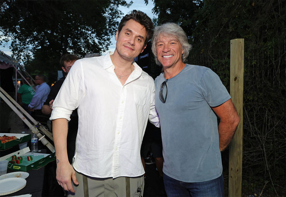 John Mayer and Jon Bon Jovi attend as Ed Sheeran performs live for SiriusXM at the Stephen Talkhouse on August 14, 2023 in Amagansett, New York.