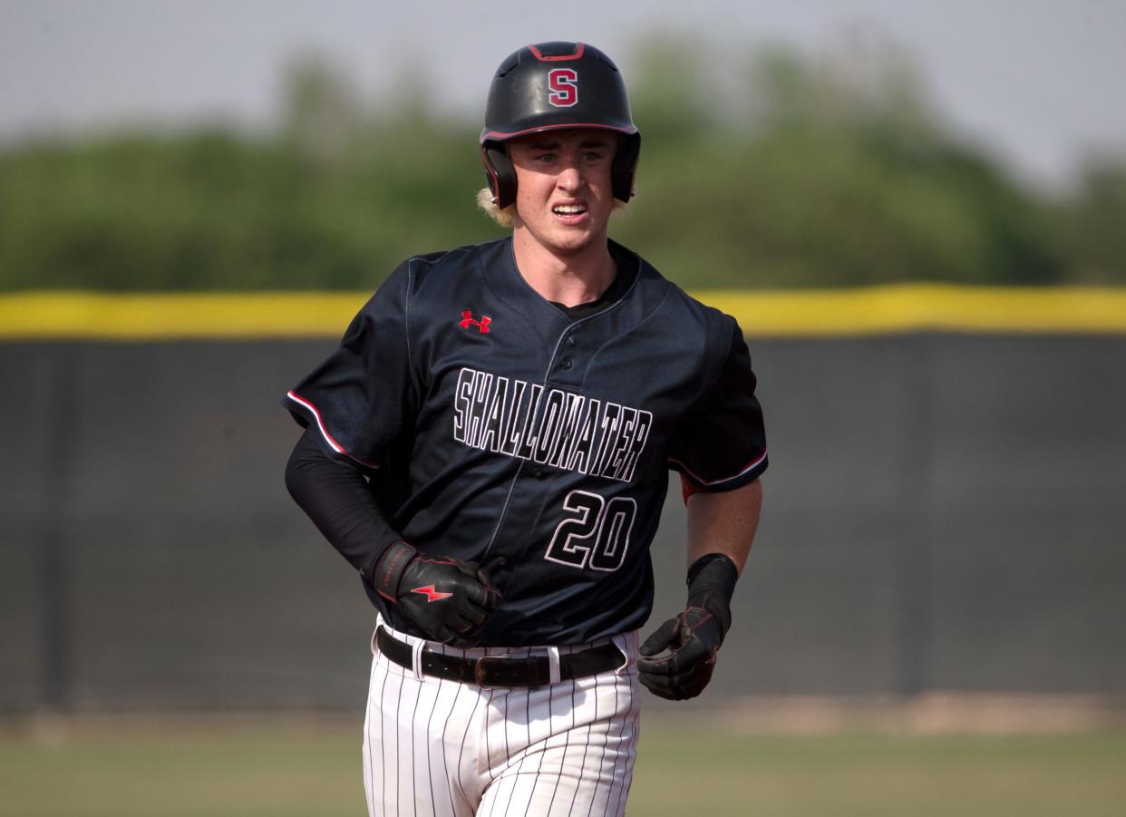 Shallowater's Kohle Kerin runs to third base after his home run against Bushland, Thursday, May 19, 2022, at Amarillo High School in Amarillo. Shallowater won, 14-7.