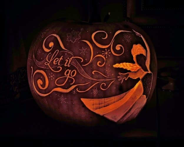 the words "let it go" with a decoration carved into a pumpkin