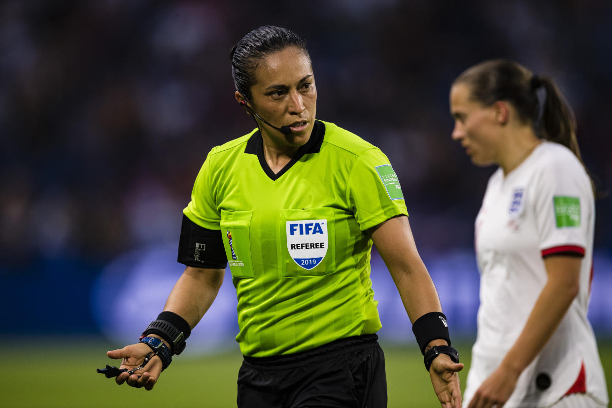 LE HAVRE, FRANCE - JUNE 27: FIFA Referee Lucila Venegas of Mexico during the 2019 FIFA Women's World Cup France Quarter Final match between Norway and England at  on June 27, 2019 in Le Havre, France. (Photo by Marcio Machado/Getty Images)