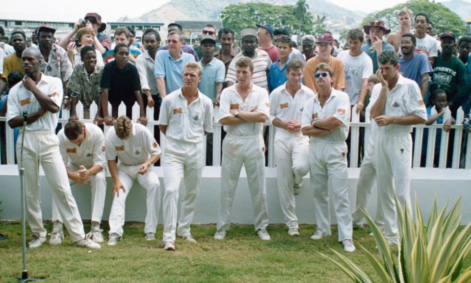 England’s players are dejected after being dismissed by West Indies for 46 and losing the third Test by 147 runs in Trinidad on 30 March 1994