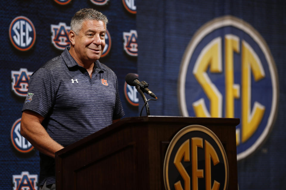 Auburn head coach Bruce Pearl speaks during the Southeastern Conference NCAA college basketball media day, Wednesday, Oct. 16, 2019, in Birmingham, Ala. (AP Photo/Butch Dill)