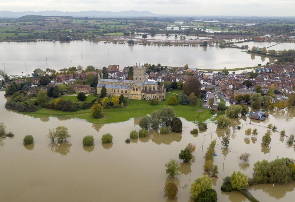 An aerial view of flooding around Tewkesbury Abbey, in Tewkesbury, Gloucestershire, as the UK has been hit by widespread flooding after rivers burst their banks following the weekend???s heavy rain.