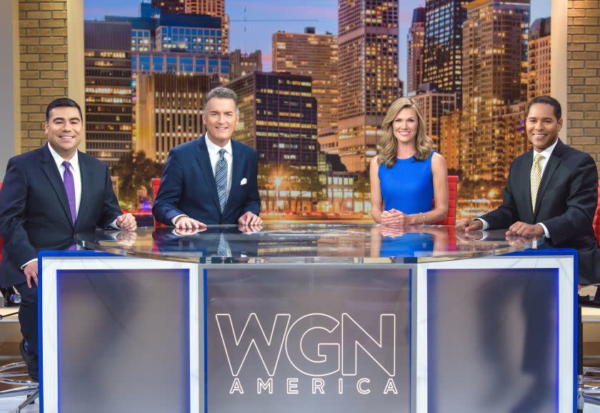 Albert Ramon, Joe Donlon, Marni Hughes and Rob Nelson on the set of WGN America's nightly newscast "NewsNation."