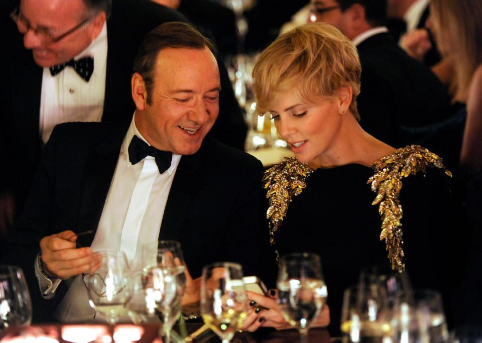 Actors Kevin Spacey, left, and Charlize Theron attend the Wallis Annenberg Center for the Performing Arts Inaugural Gala on Thursday, Oct. 17, 2013, in Beverly Hills, Calif. (Photo by Chris Pizzello/Invision/AP)