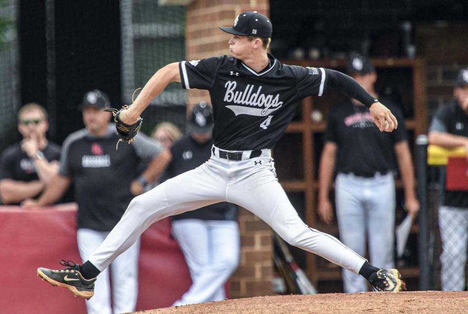 Boiling Springs High senior Jackson Cole (4) pitches to TL Hanna High during the top of the third inning of the Class AAAAA Upper State playoffs at Boiling Springs High Monday, May 15, 2023.