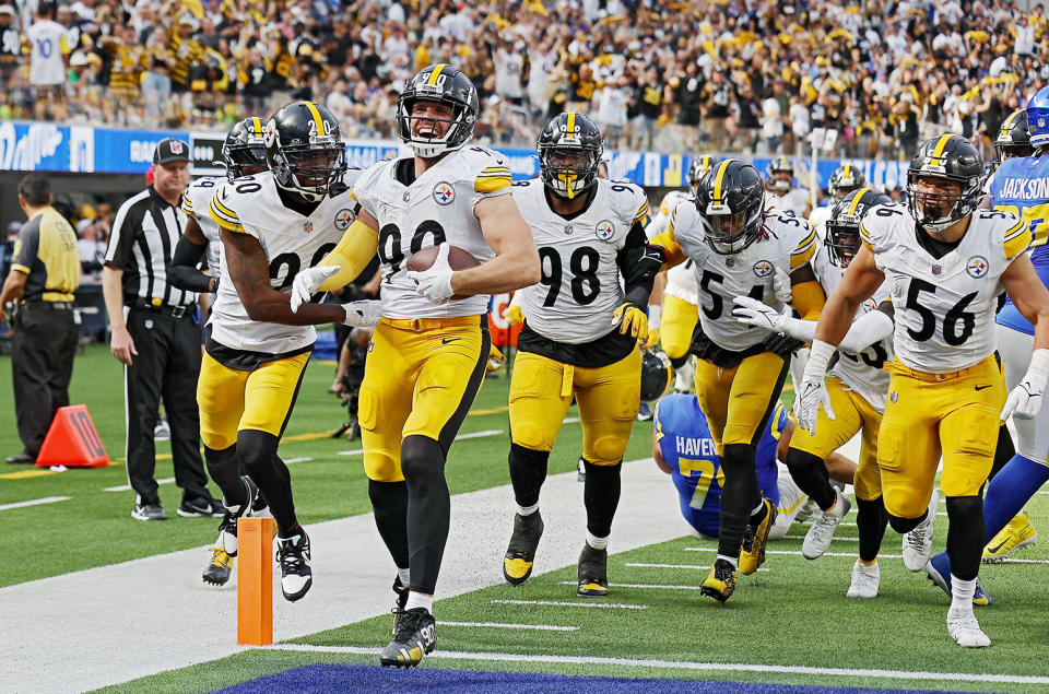 T.J. Watt #90 of the Pittsburgh Steelers celebrates an interception during the third quarter against the Los Angeles Rams at SoFi Stadium on Oct. 22, 2023 in Inglewood, California.