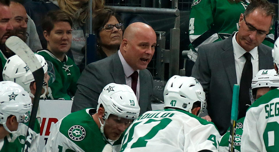 COLUMBUS, OH - OCTOBER 16: Head coach Jim Montgomery of the Dallas Stars talks to his players during a timeout in the game against the Columbus Blue Jackets on October 16, 2019 at Nationwide Arena in Columbus, Ohio. Columbus defeated Dallas 3-2. (Photo by Kirk Irwin/Getty Images) 