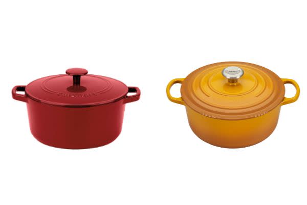 Left to right: Cuisinart's $69 Chef's Classic enameled cast iron 7-quart Dutch oven, and Le Creuset's $380 7 1/4-quart enameled cast iron round Dutch oven. (Photo: Cuisinart/Le Creuset)