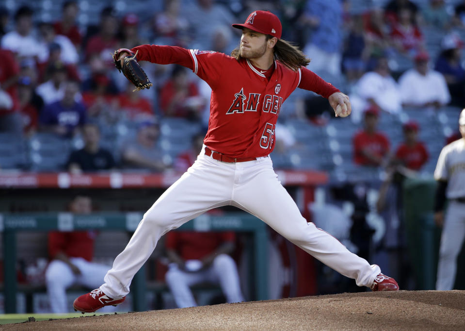 Los Angeles Angels starting pitcher Dillon Peters throws to a Pittsburgh Pirates batter during the first inning of a baseball game Wednesday, Aug. 14, 2019, in Anaheim, Calif. (AP Photo/Marcio Jose Sanchez)