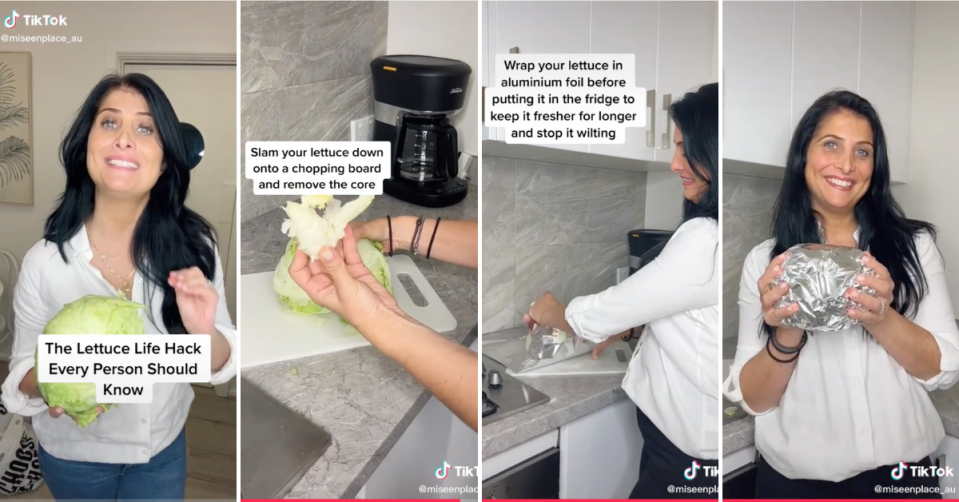 Four photos of  Anita Birges with a lettuce, showing its leaves, wrapping it and showing the final wrapped product in her kitchen.