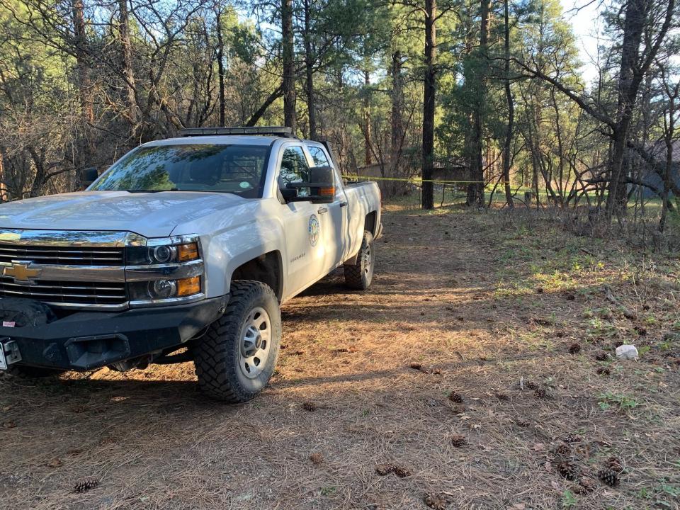 Pictured is a Colorado Parks and Wildlife truck parked in a wooded area, with yellow tape seen wrapped around trees in the background.