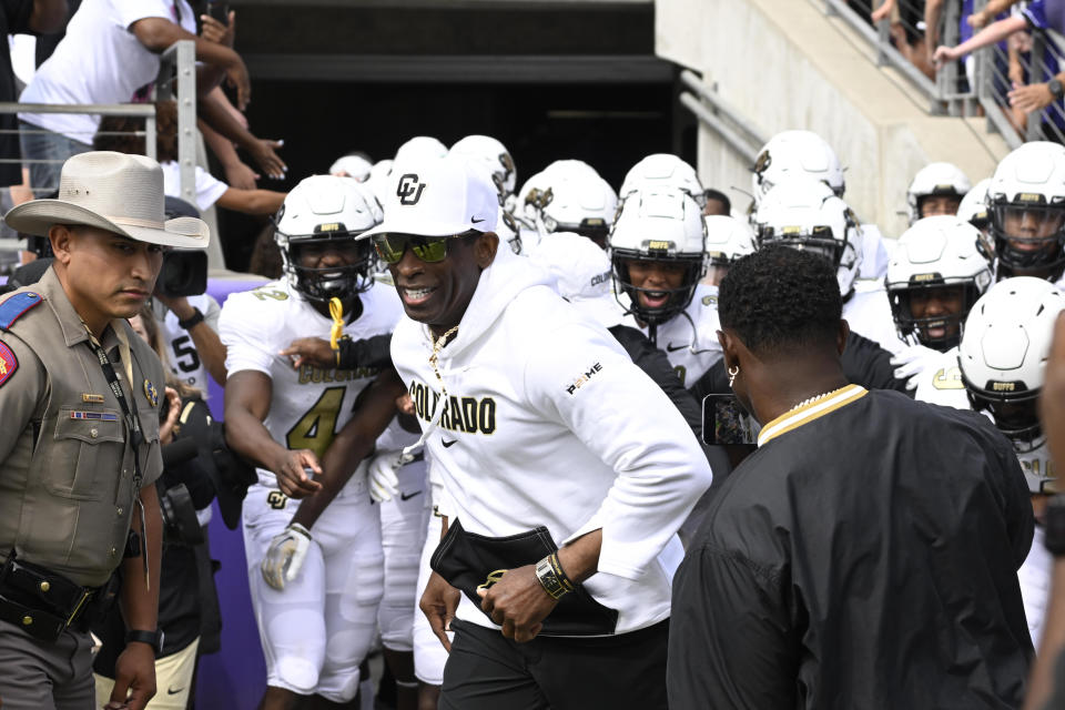 College Football: Colorado head coach Deion Sanders leads the team on the field prior to game vs. TCU at Amon G. Carter Stadium. 
Fort Worth, TX 9/2/2023
CREDIT: Greg Nelson (Photo by Greg Nelson/Sports Illustrated via Getty Images) 
(Set Number: X164412 TK1)
