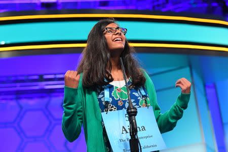 May 31, 2018; National Harbor, MD, USA; Aisha Randhawa from California spelled the word Marseilles correctly during the 2018 Scripps National Spelling Bee at the Gaylord National Resort and Convention Center. Mandatory Credit: Jack Gruber-USA TODAY NETWORK