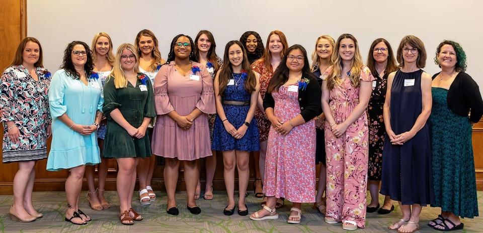 Pictured are Hageman Nursing Scholarship recipients. From left, front row is Jenna Boyd, April Tripp, Darby Faraci, Asia Roberson, Ines Perez-Chavarria, Nyithazin Ngwe, Alexandria Kirian, Michele DeCamp, Claire Hageman, Jenny Goguen. Back row is Morgan Wells, Sabrina Cahoon, Kara Gass, Jasmine Hodge, Hannah Jackson, Brianna Brinson.