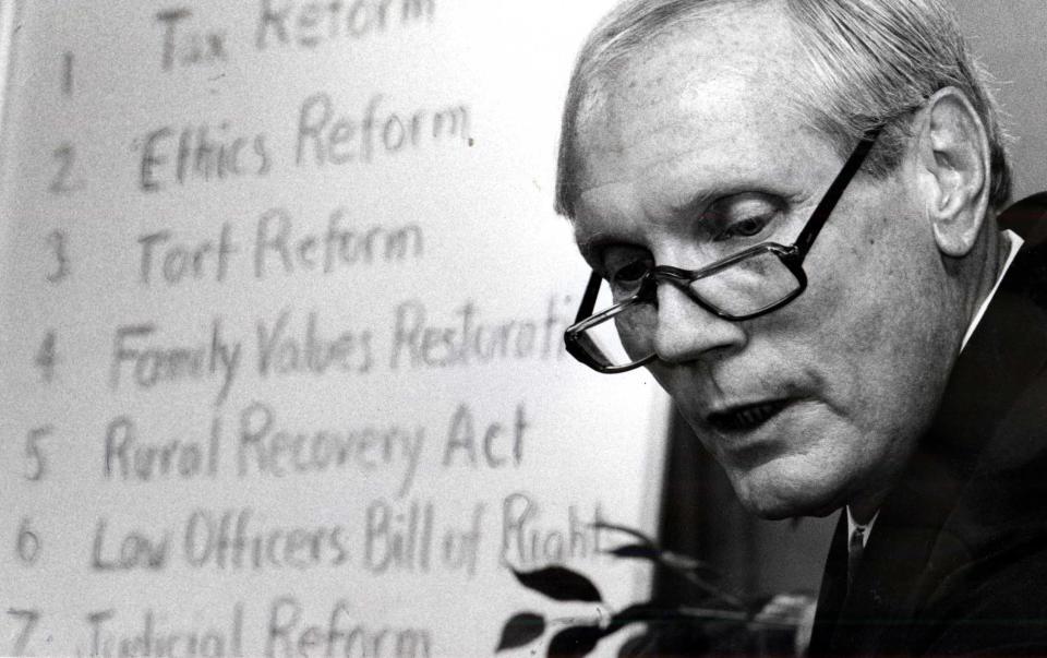 This Nov. 18, 1989 file photo, Fred Phelps Sr. announced his plans to run for the Democratic nomination for governor of Kansas on Nov. 18, 1989. Phelps, the fiery founder of the Westboro Baptist Church, a small Kansas church, who drew international condemnation for outrageous and hate-filled protests that blamed almost everything, including the deaths of AIDS victims and U.S. soldiers, on America's tolerance for gay people, has died the family said Thursday, March 20, 2014. He was 84. (AP Photo/The Topeka Capital Journal)