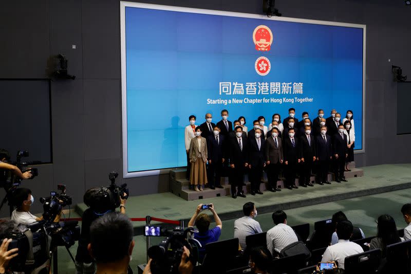 Hong Kong Chief Executive-designate John Lee attends a news conference with his newly appointed cabinet in Hong Kong