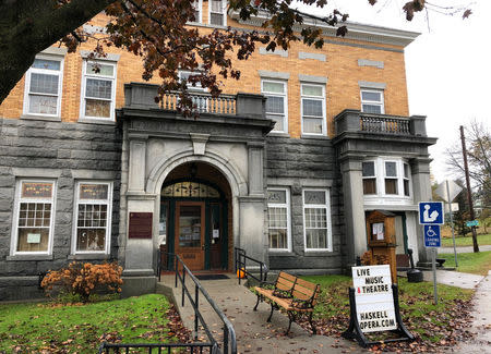 The front of the Haskell Free Library and Opera House straddles the U.S.-Canada border in Stanstead, Quebec, Canada and Derby Line, Vermont, U.S., November 2, 2018. Picture taken November 2, 2018. REUTERS/Yeganeh Torbati