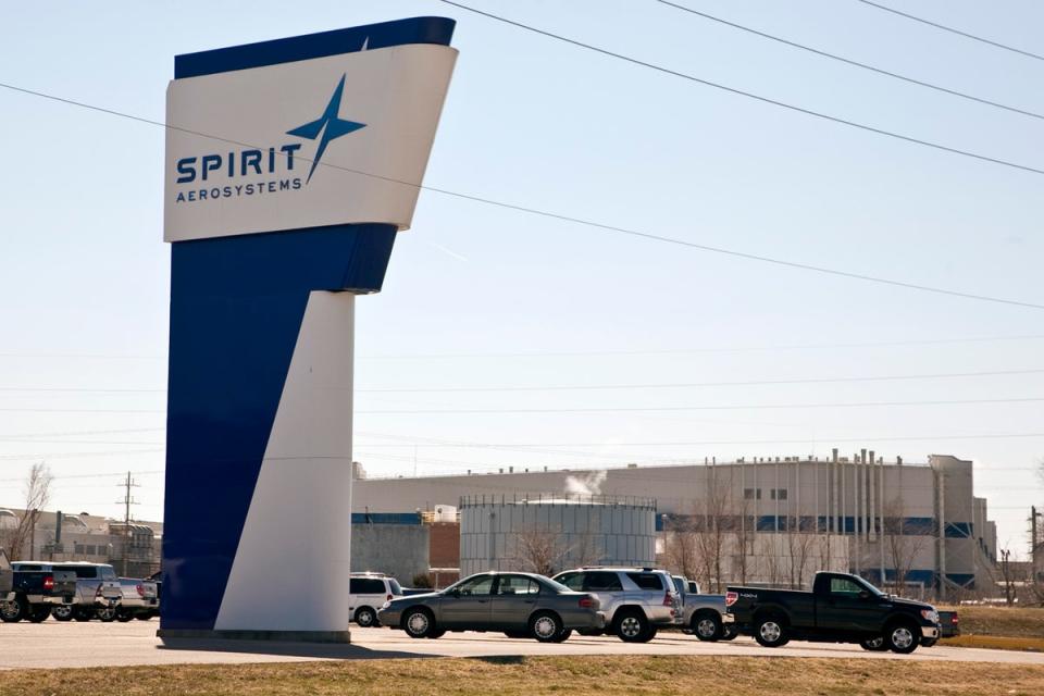 The Spirit AeroSystems sign is seen, July 25, 2013, in Wichita, Kansas (Mike Hutmacher/The Wichita Eagle via AP)