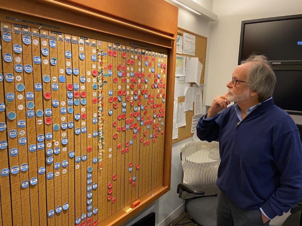 Howard Katz looks over the old NFL scheduling board from offices in New York.