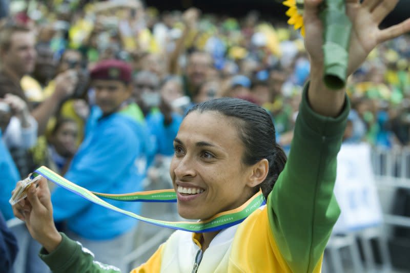 Veteran striker Marta won a gold medal with Brazil at the 2007 Pan American Games in Rio de Janeiro. File Photo by Heinz Ruckemann/UPI