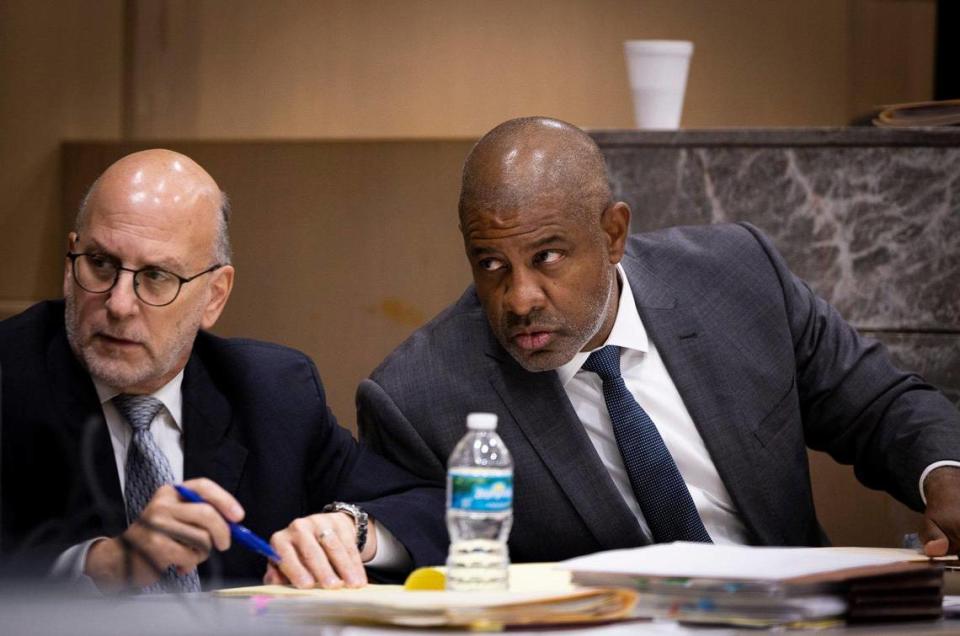Stuart Adelstein, left, and David Howard, the defense attorneys of Jamell Demons, better known as YNW Melly, speak during the trial on Tuesday, June 20, 2023, at the Broward County Courthouse in Fort Lauderdale, Fla.