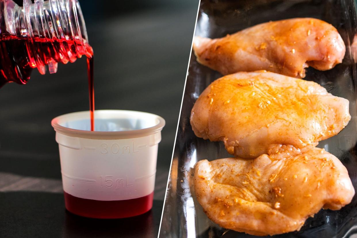 Cough syrup; chicken breasts in a baking dish