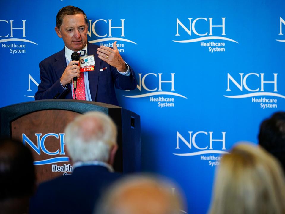 Paul Hiltz, NCH Healthcare CEO and president, speaks at NCH Baker Downtown Hospital in Naples on Wednesday, May 24, 2023. The event was announced a $20 million gift from Best Buy founder Dick Schulze and the Richard M. Schulze Family Foundation for the new heart center at the hospital.