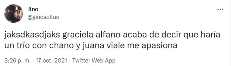 Graciela Alfano propuso hacer un trío con Juana Viale y Chano Charpentier y las redes estallaron