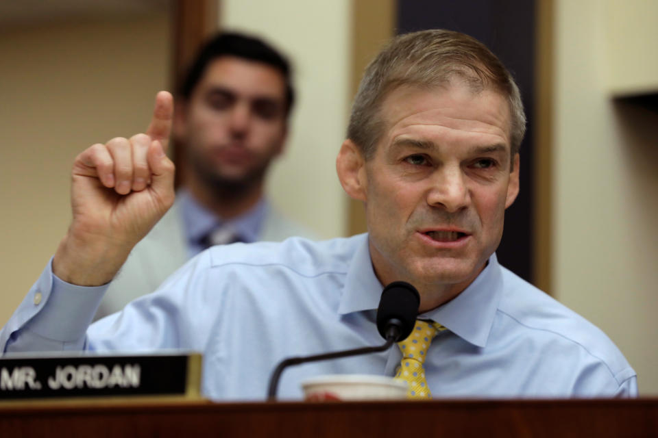 Rep. Jim Jordan questions Deputy Attorney General Rod Rosenstein at a hearing on Capitol Hill Thursday. (Yuri Gripas/Reuters)