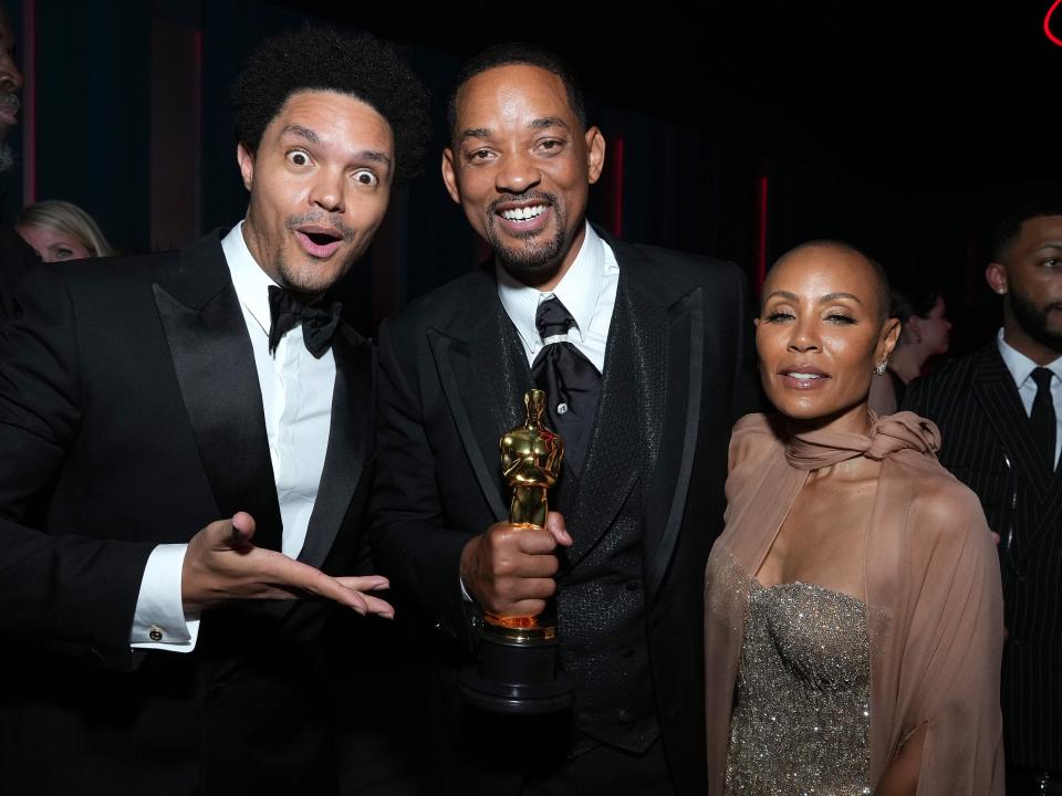 Trevor Noah, Will Smith and Jada Pinkett Smith attend the 2022 Vanity Fair Oscar Party on March 27, 2022